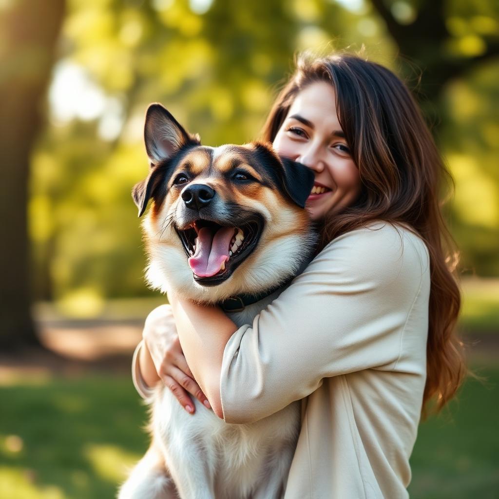 An adopter hugging her newly adopted rescue dog in a sunny park